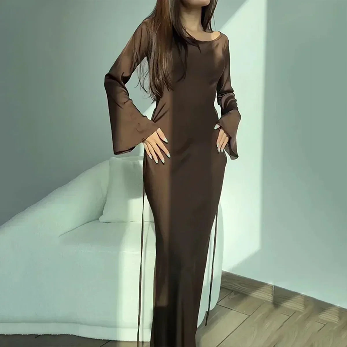 Women’s Full-Length Dress – Slim Fit – Luxury Fabric – Long Sleeve Elegant Style