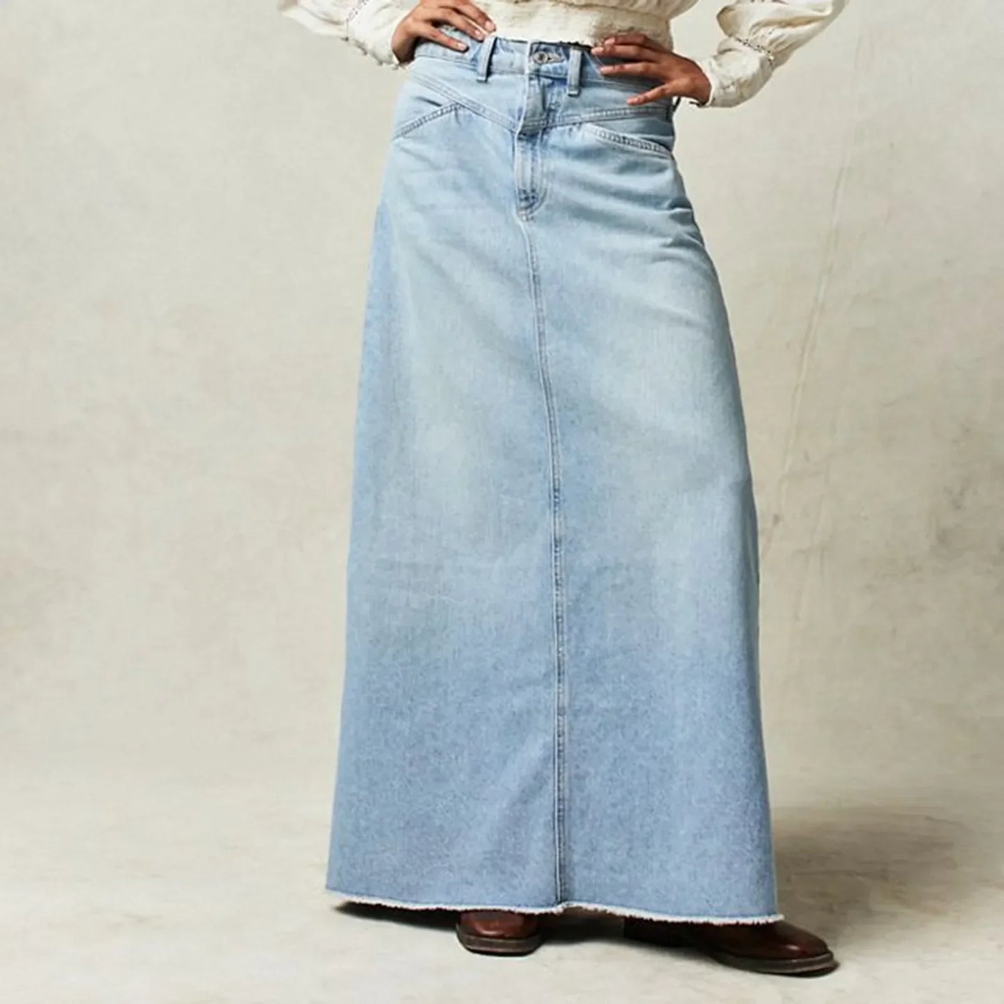 Women’s Denim Skirt – High Waist – Straight Fit – Full Length – Raw Hem – 5 Pockets