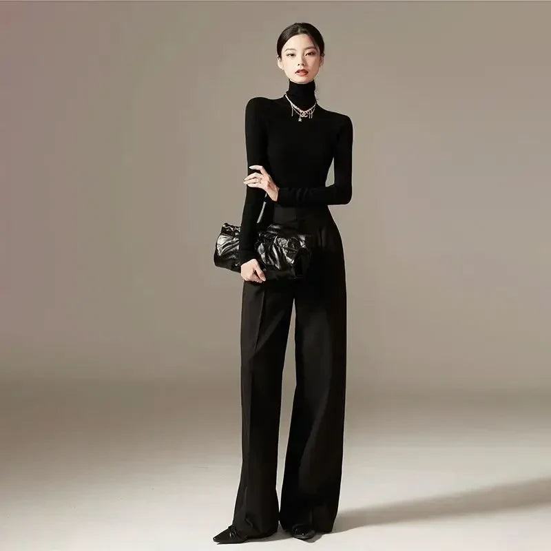 Women’s Wide-Leg Trousers – High Waist – Tailored Pleats – Full Length Woven Fabric