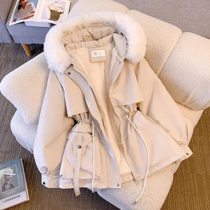 Women’s Mid-Length Coat – Relaxed Fit – Faux Fur Lined – Hooded – Adjustable Waist