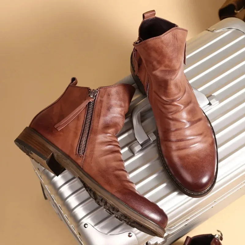 Men’s Chelsea Boots – Leather-Look – Side Zipper – Ankle Height – Sleek Fit – Low Heel