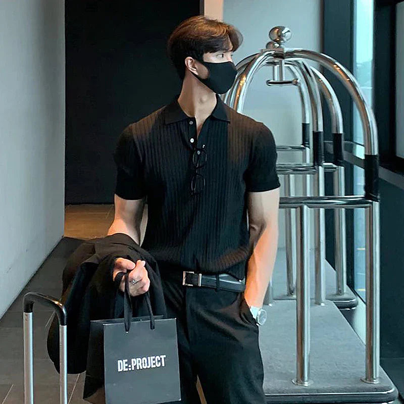 Men’s Polo Shirt – Slim Fit – Ribbed Soft Knit – Short Sleeve Smart Casual Wear