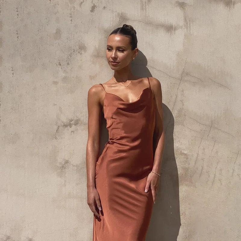 Women's Slip Dress - Satin Silk - Cowl Neck - Spaghetti Straps - Floor-Length Elegant Fit