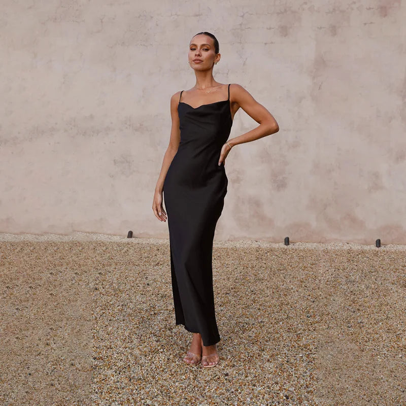 Women's Slip Dress - Satin Silk - Cowl Neck - Spaghetti Straps - Floor-Length Elegant Fit