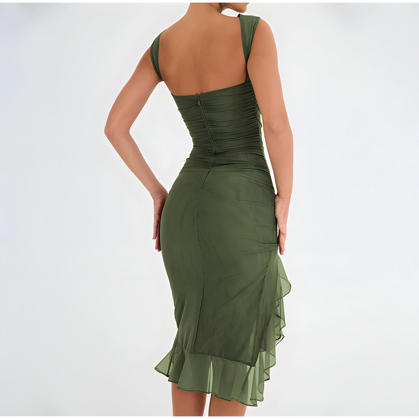 Women's Sleeveless Cocktail Dress - Ruched Bodycon Fit - Asymmetrical Ruffle Hem