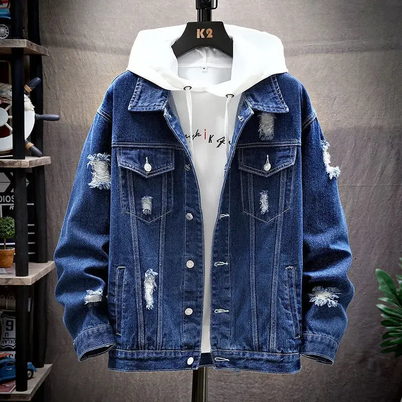 Men’s Denim Jacket – Distressed Loose Fit – Single Breasted – Streetwear Style