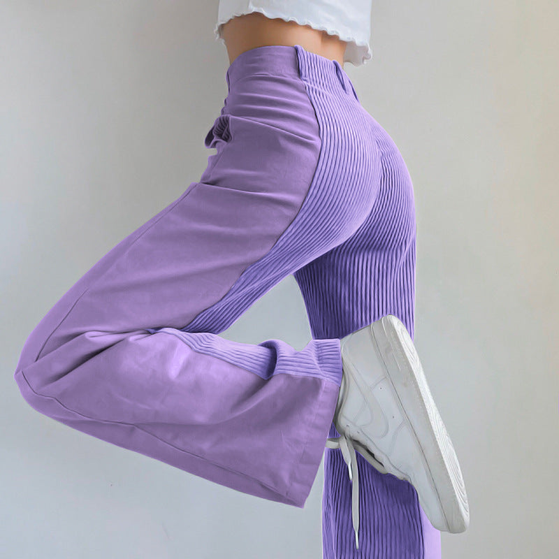 Women's Trousers - High Waist - Flared Wide Leg - Ribbed Side Detailing - Casual Fit