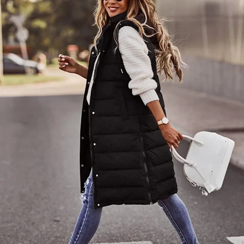 Women’s Quilted Vest – Relaxed Fit – Long Length – Hooded – Insulated Casual Layer