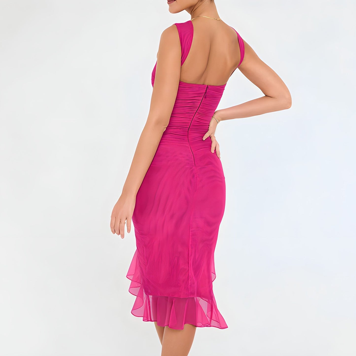 Women's Sleeveless Cocktail Dress - Ruched Bodycon Fit - Asymmetrical Ruffle Hem
