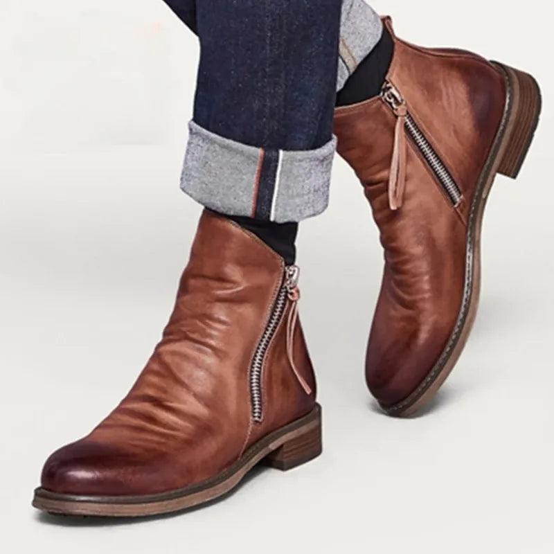 Men’s Chelsea Boots – Leather-Look – Side Zipper – Ankle Height – Sleek Fit – Low Heel