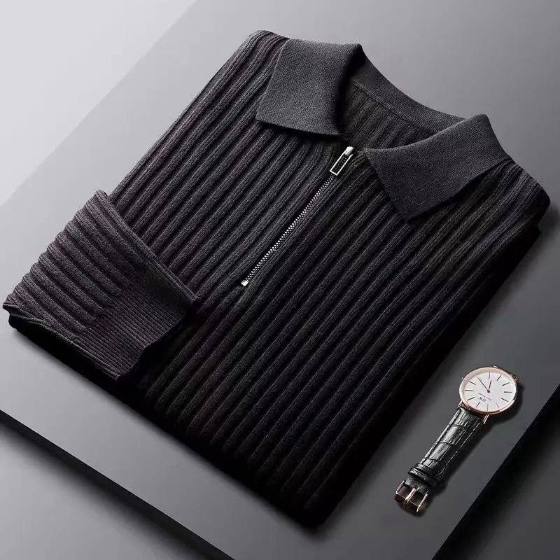 Men’s Pullover Sweater – Wool – Half Zip – Ribbed – Polo Collar – Regular Fit