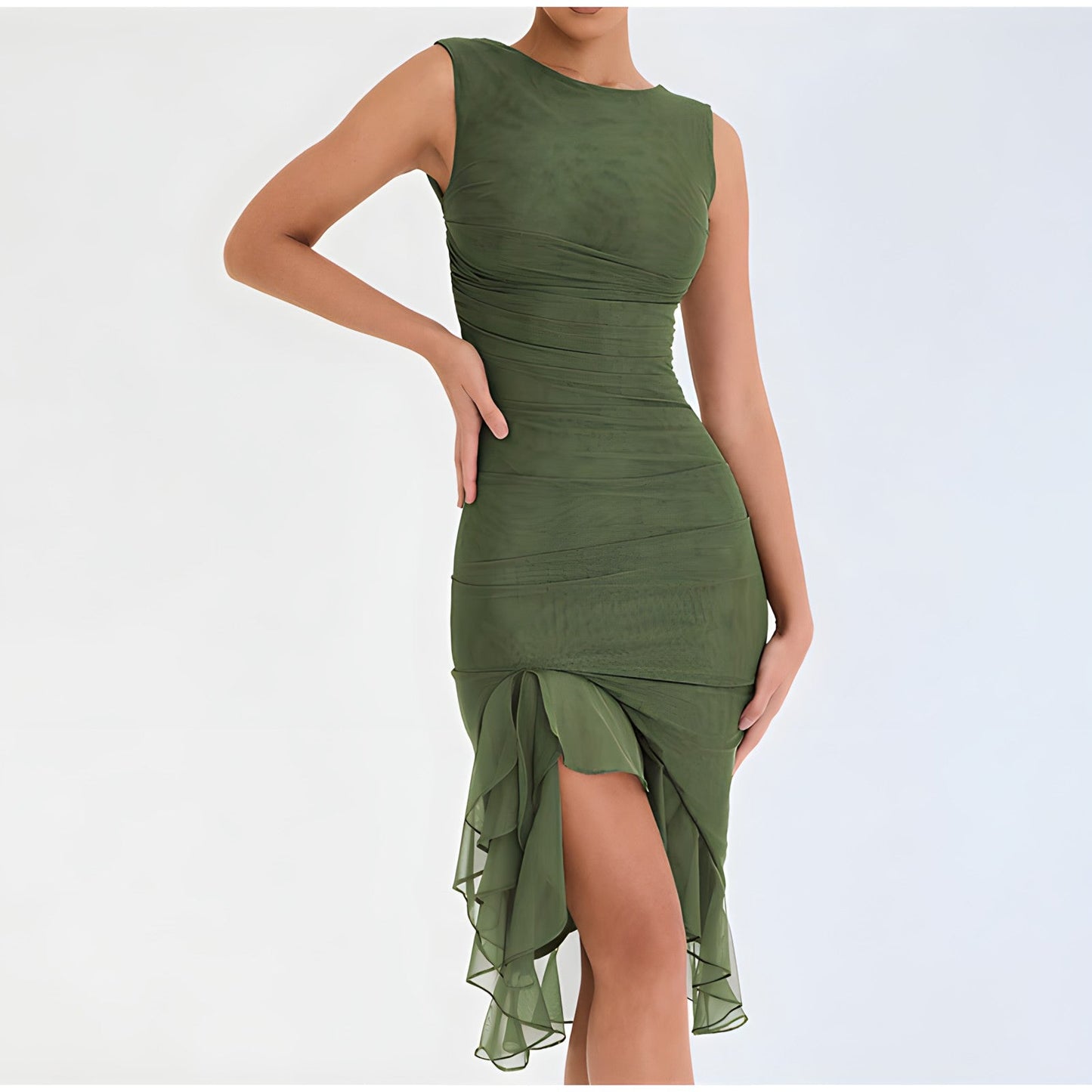 Women's Sleeveless Cocktail Dress - Ruched Bodycon Fit - Asymmetrical Ruffle Hem