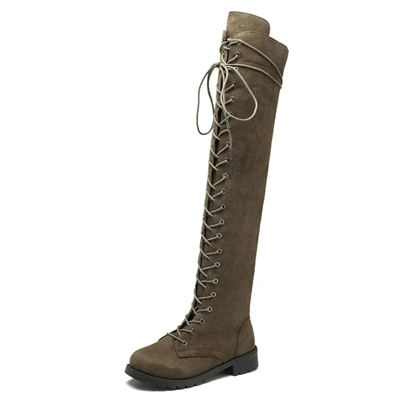 Women’s Over-the-Knee Boots – Suede Feel – Lace-Up Front – Side Zipper – Rugged Sole