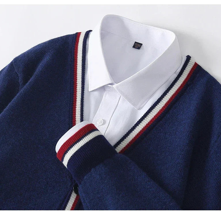 Men’s Cardigan – Wool Blend Knit – Relaxed Fit – V-Neck – Button-Up – Ribbed Trim