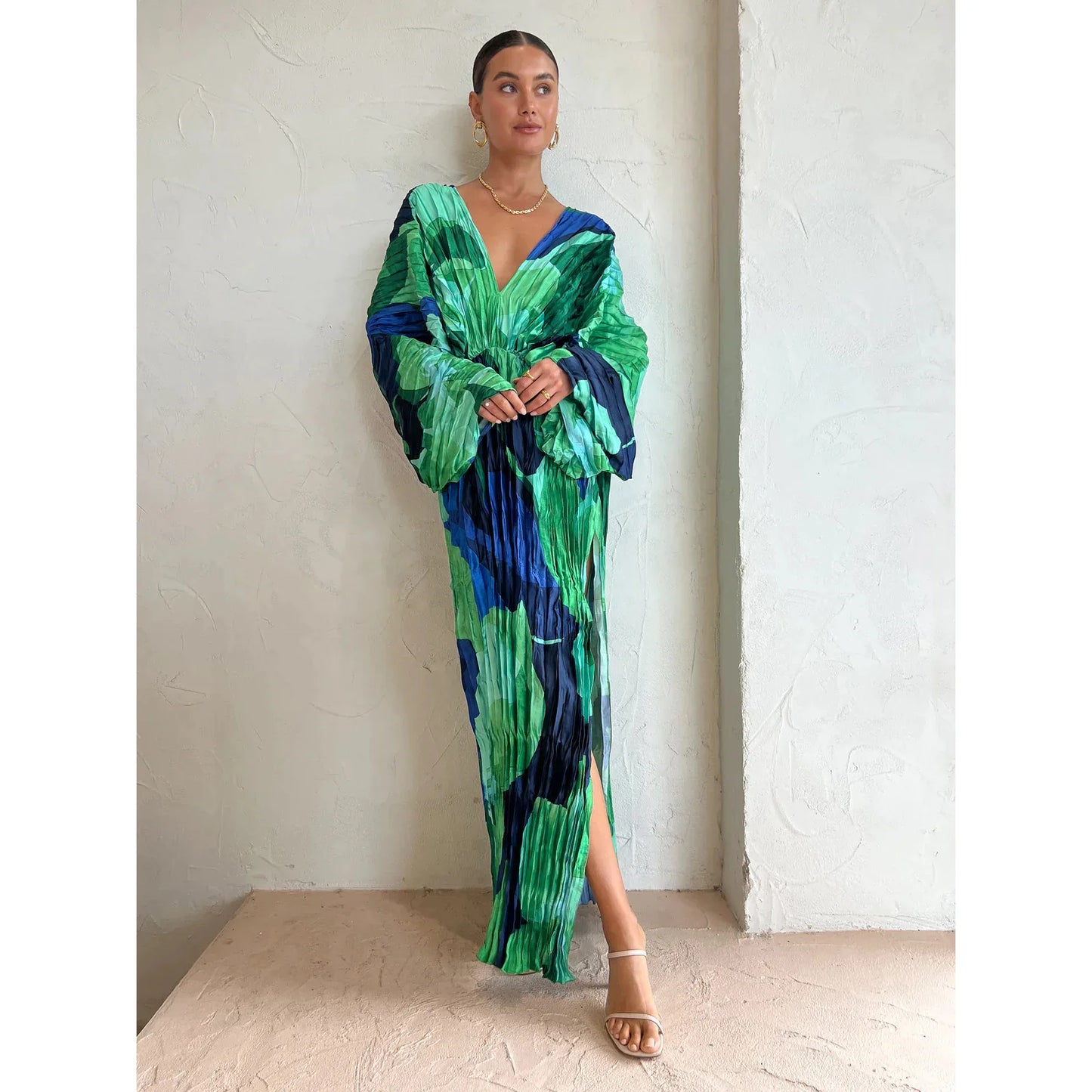 Women's Pleated Maxi Dress - Deep V-Neck - Cinched Waist - High Slit Elegant Fit