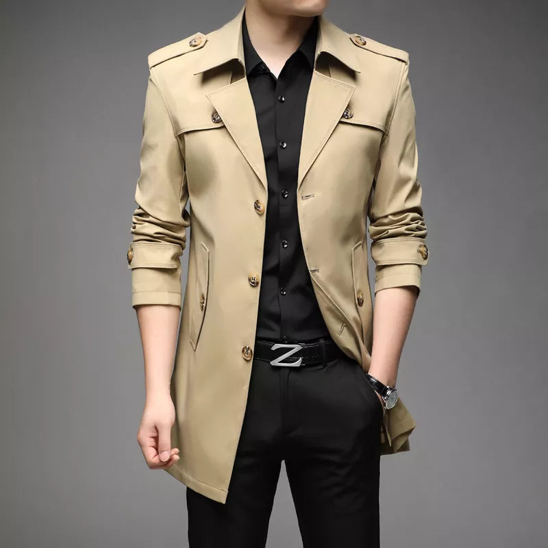Men’s Trench Coat – Tailored Fit – Double Breasted – Structured Silhouette – Medium Length