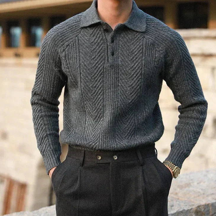 Men’s Knitted Sweater – Slim Fit – Cable Knit – Polo Collar – Long Sleeve Smart Wear