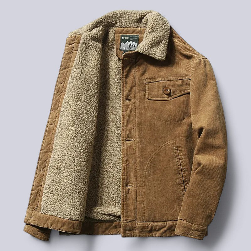 Men’s Corduroy Jacket – Structured Fit – Sherpa Lined – Button Front – Hip Length