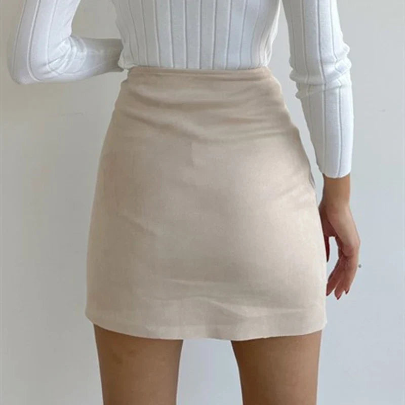 Women’s Mini Skirt – Suede Slim Fit – A-Line Shape – Side Button Detail