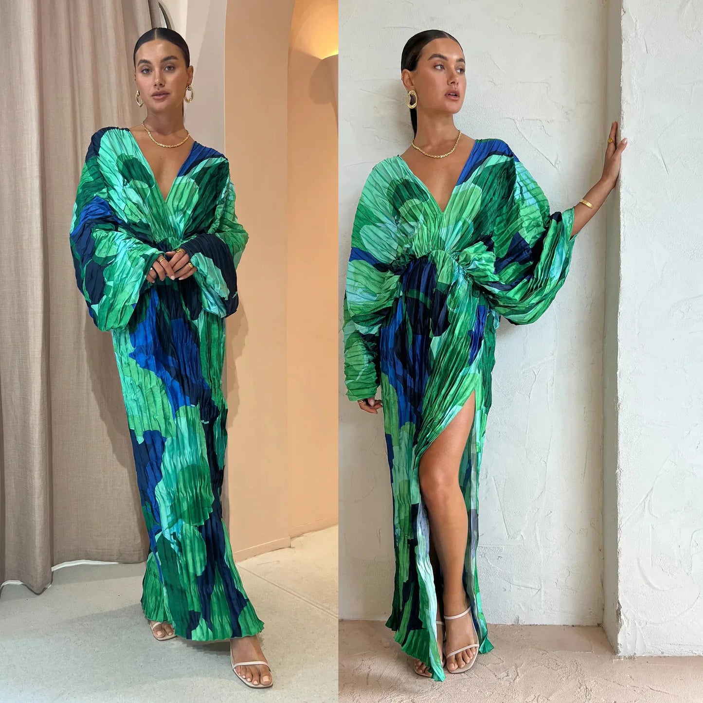 Women's Pleated Maxi Dress - Deep V-Neck - Cinched Waist - High Slit Elegant Fit