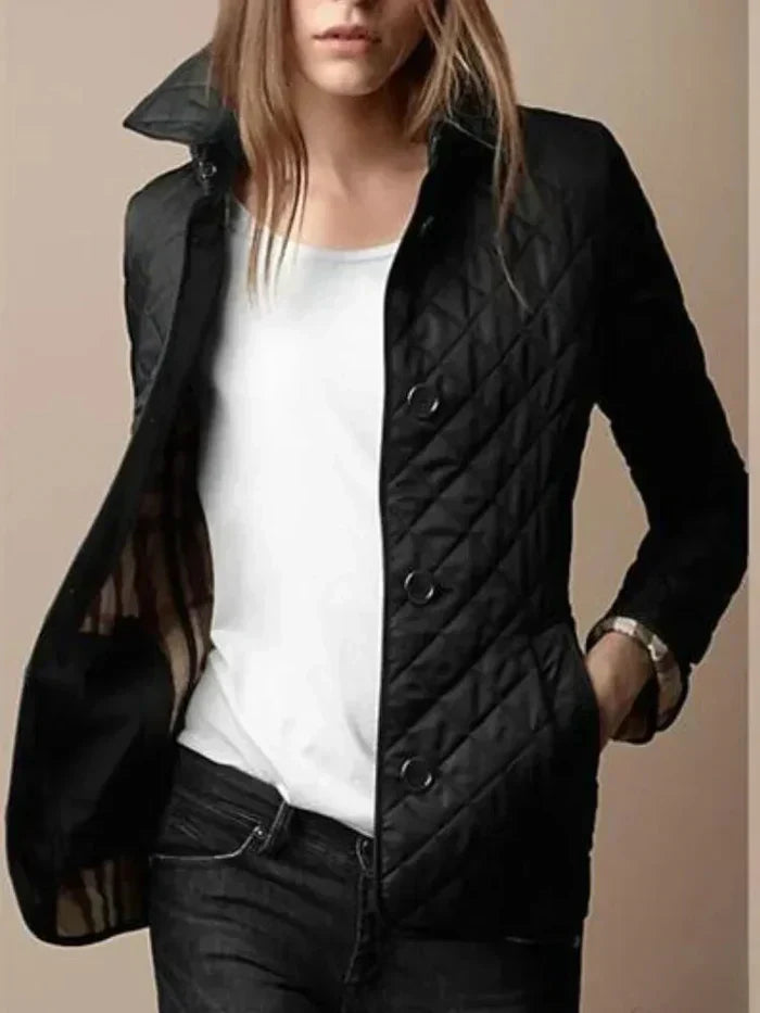 Women’s Quilted Jacket – Tailored Fit – Diamond Pattern – High Collar – Button Front