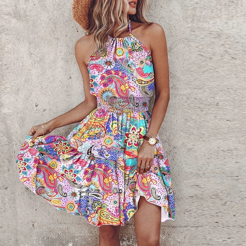 Women’s Mini Dress – Relaxed Fit – Halter Neck – Smocked Waist – Bohemian Print – Breathable Blend