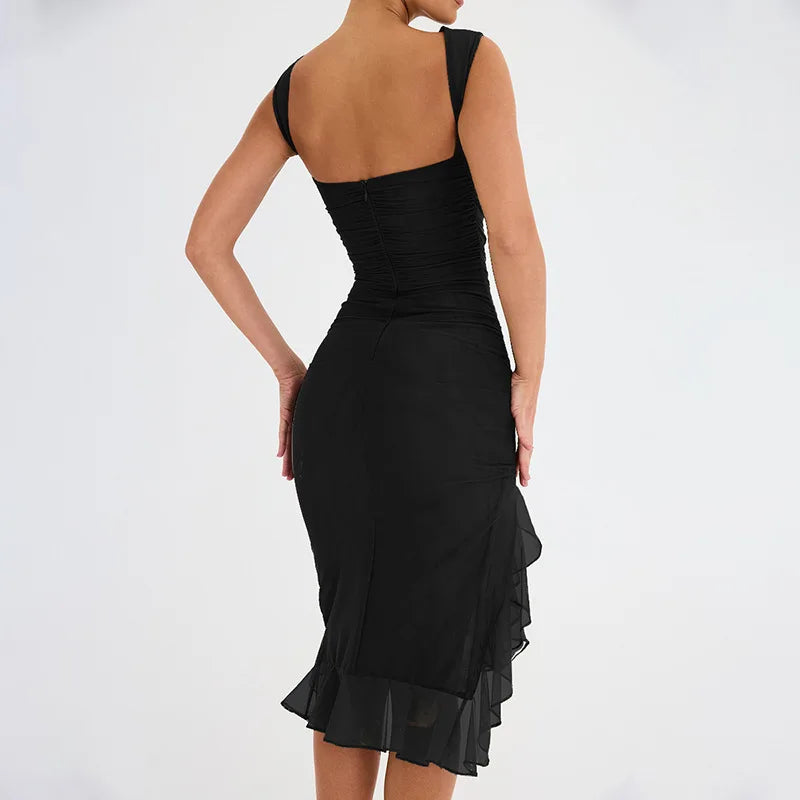 Women's Bodycon Midi Dress - Sleeveless High Neck - Asymmetrical Ruffle Hem
