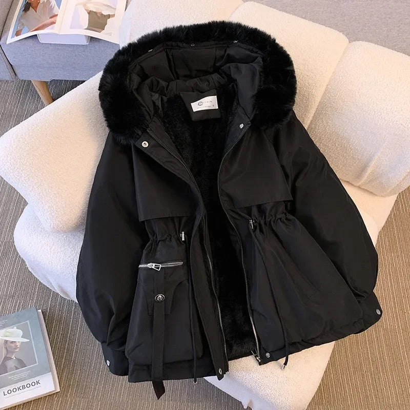 Women’s Mid-Length Coat – Relaxed Fit – Faux Fur Lined – Hooded – Adjustable Waist