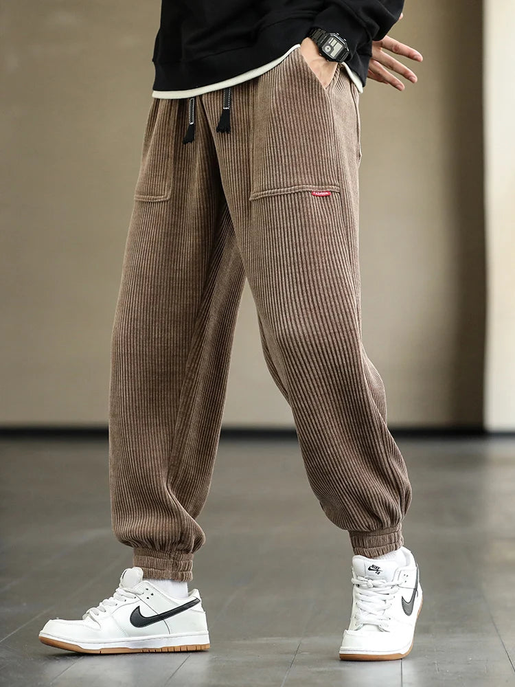 Men’s Corduroy Joggers - Relaxed Fit - Elastic Cuffs - Drawstring Waist - Casual Trousers