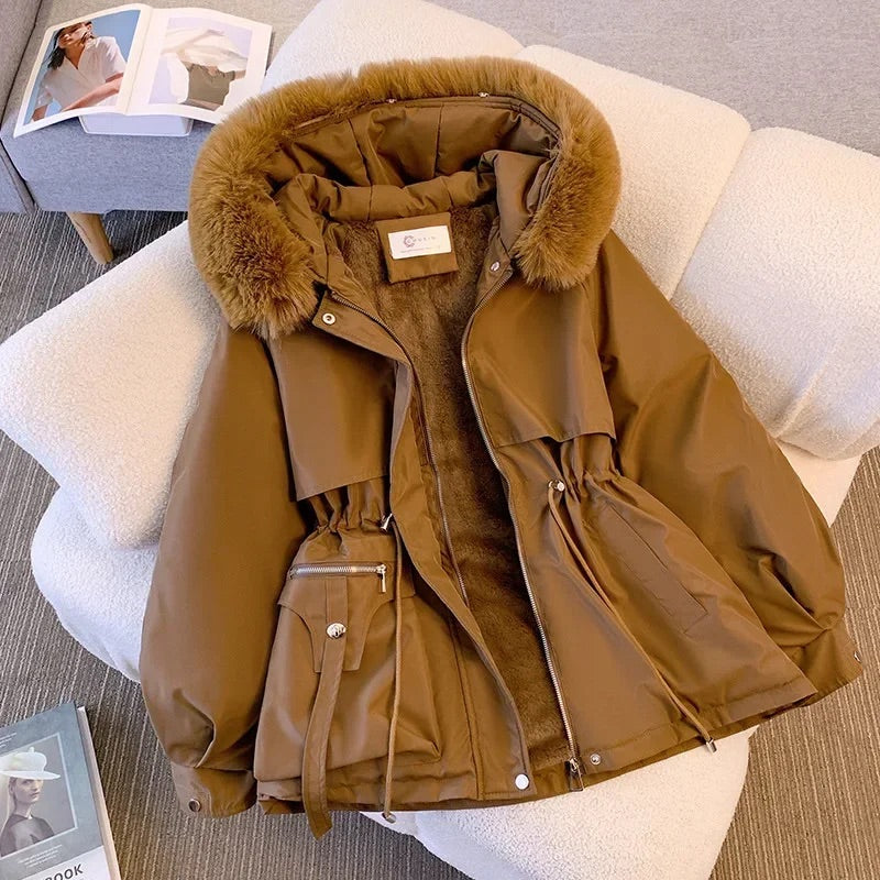 Women’s Mid-Length Coat – Relaxed Fit – Faux Fur Lined – Hooded – Adjustable Waist