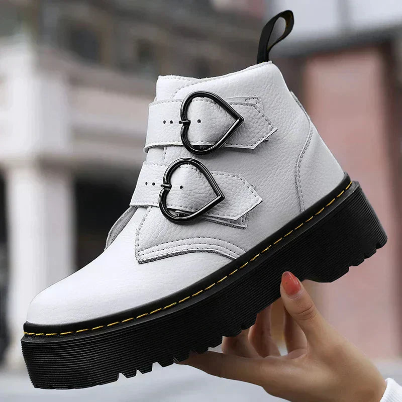 Women’s Ankle Boots – Chunky Sole – Heart Buckle Straps – Structured Fit