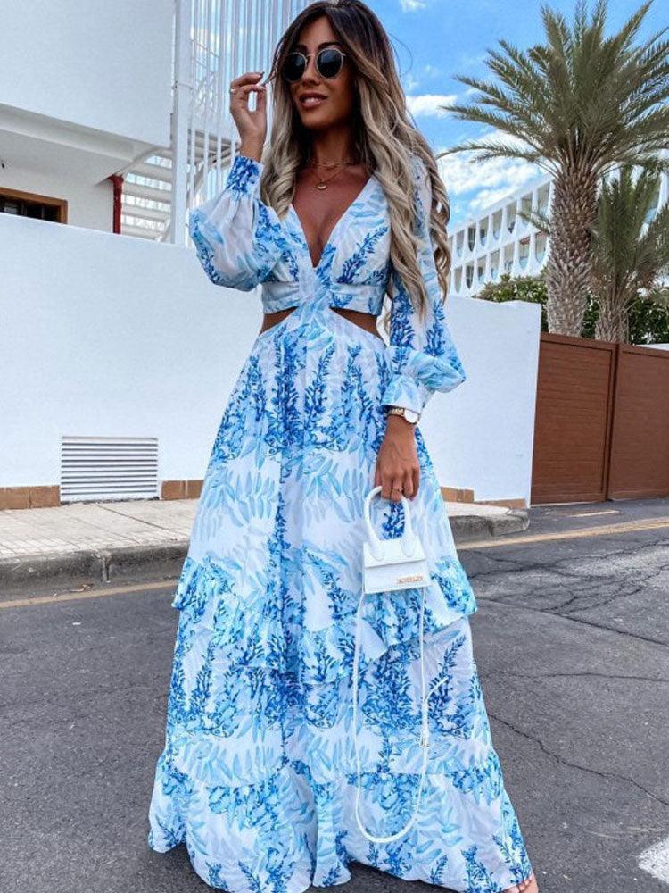Women’s Maxi Dress – V-Neck – Waist Cut-Out – Long Puff Sleeve – Flowy Fit