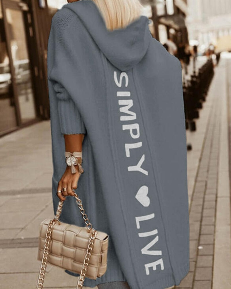 Women’s Long Coat – Knitted Wool – Oversized Fit – Hooded – Graphic Back – Ribbed Cuffs