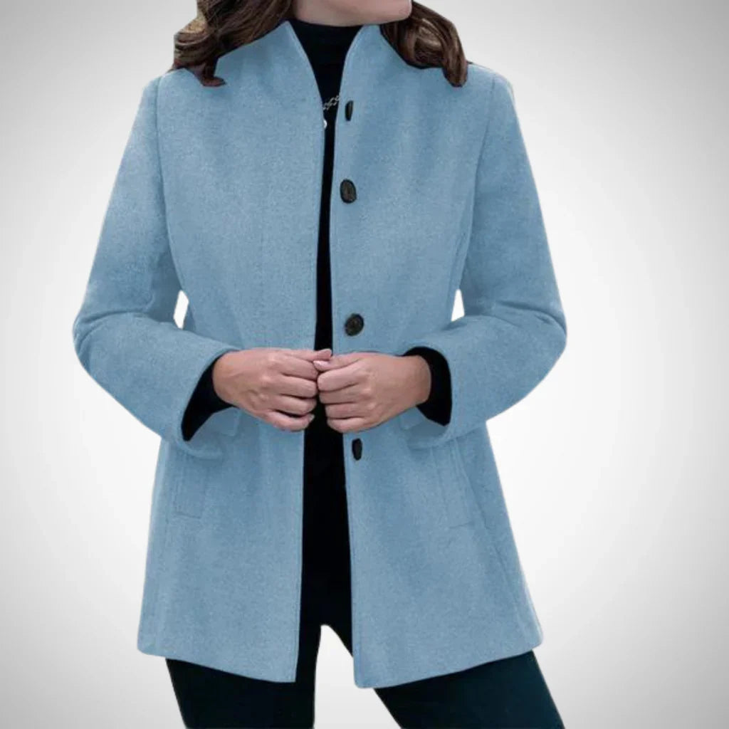 Women’s Tailored Coat – Wool Blend – Structured Fit – Stand Collar – Hip Length