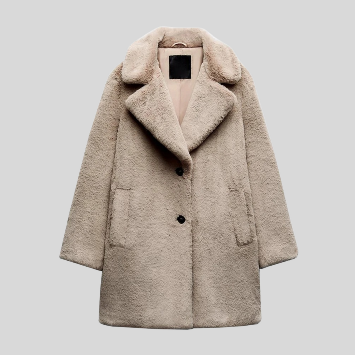 Women’s Full Length Coat – Oversized Fit – Plush Faux Fur – Wide Lapel – Button Front