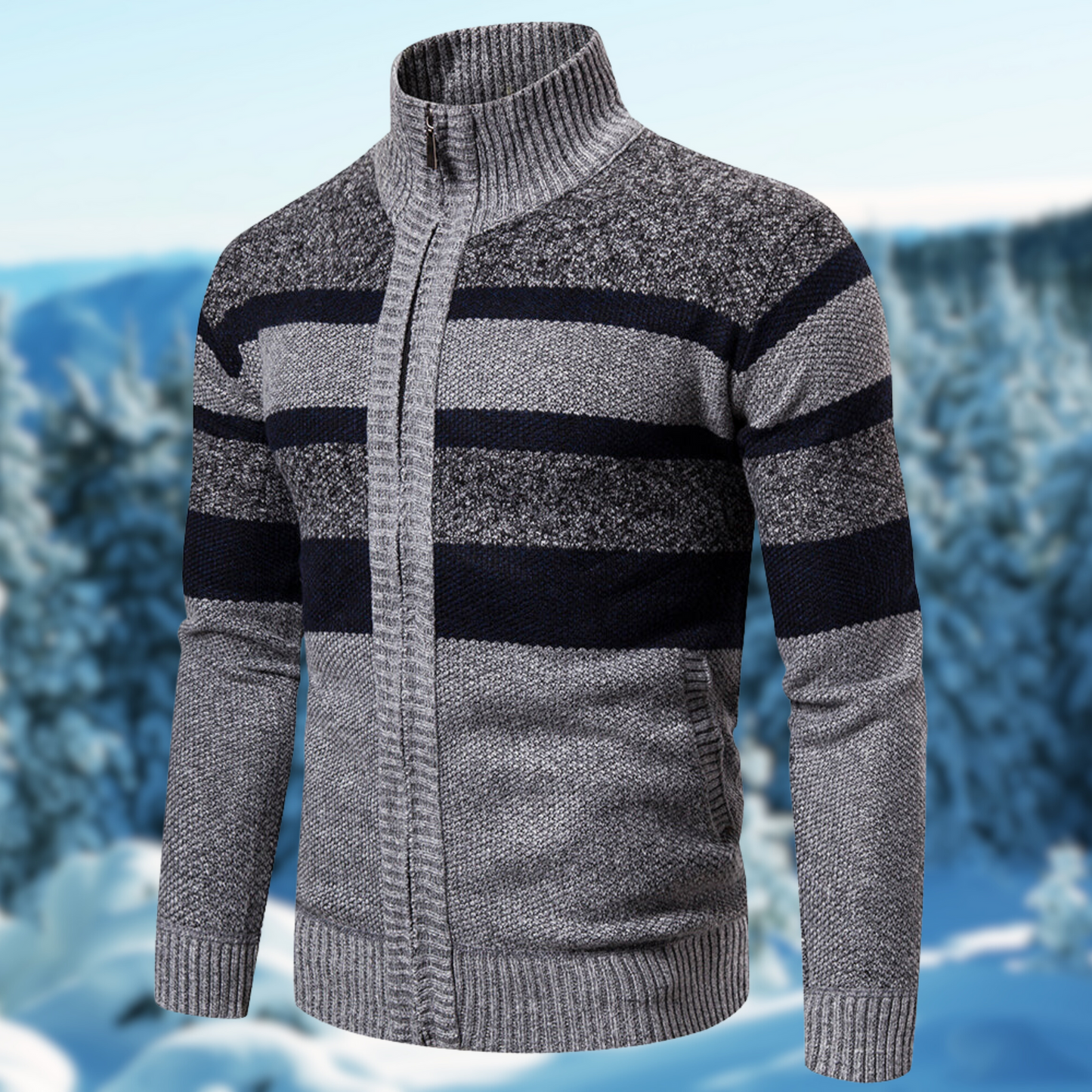 Men’s Knit Jacket – Regular Fit – Ribbed Mock Neck – Full Zip – Textured Wool Blend