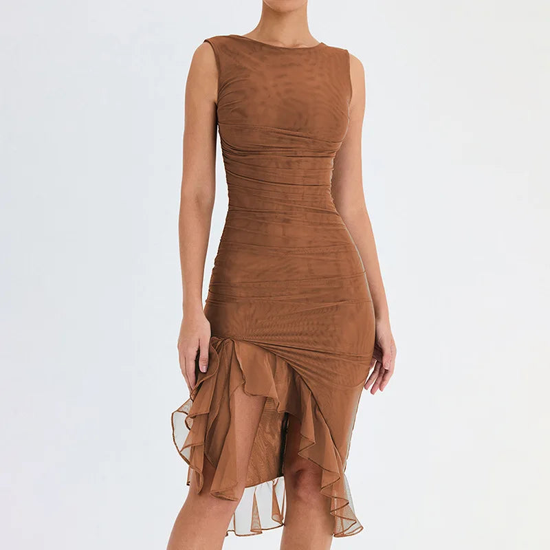 Women's Bodycon Midi Dress - Sleeveless High Neck - Asymmetrical Ruffle Hem