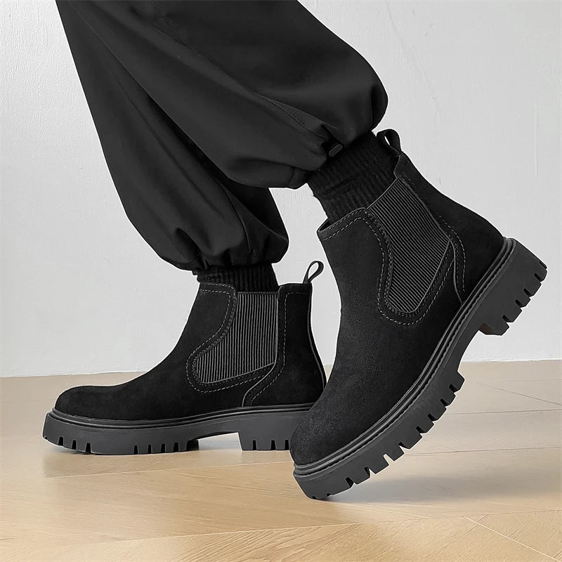Men’s Mid-Cut Casual Boots – Suede – Elastic Side Panels – Chunky Sole – Retro Style