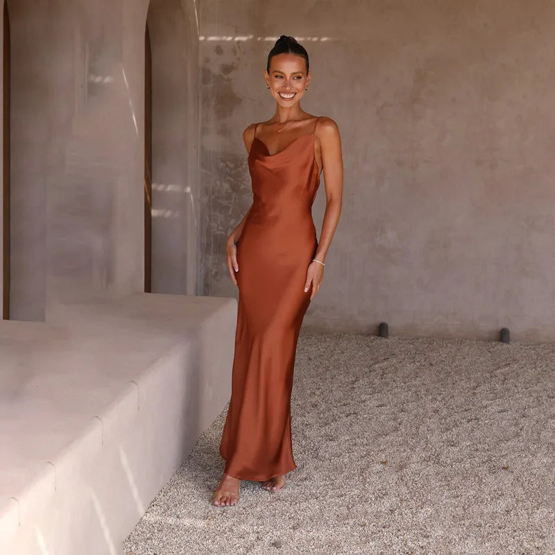 Women's Slip Dress - Satin Silk - Cowl Neck - Spaghetti Straps - Floor-Length Elegant Fit