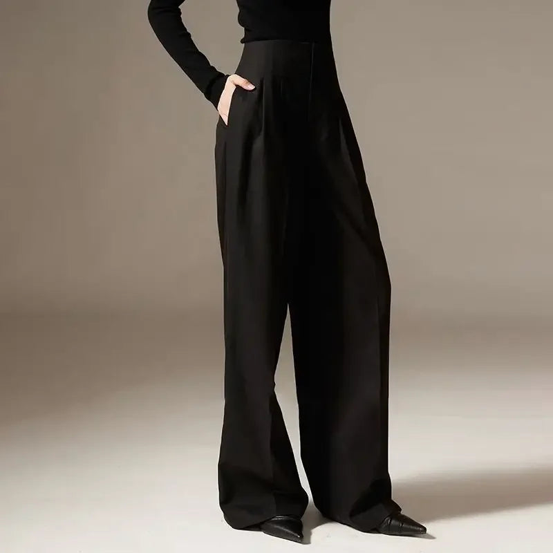 Women’s Wide-Leg Trousers – High Waist – Tailored Pleats – Full Length Woven Fabric