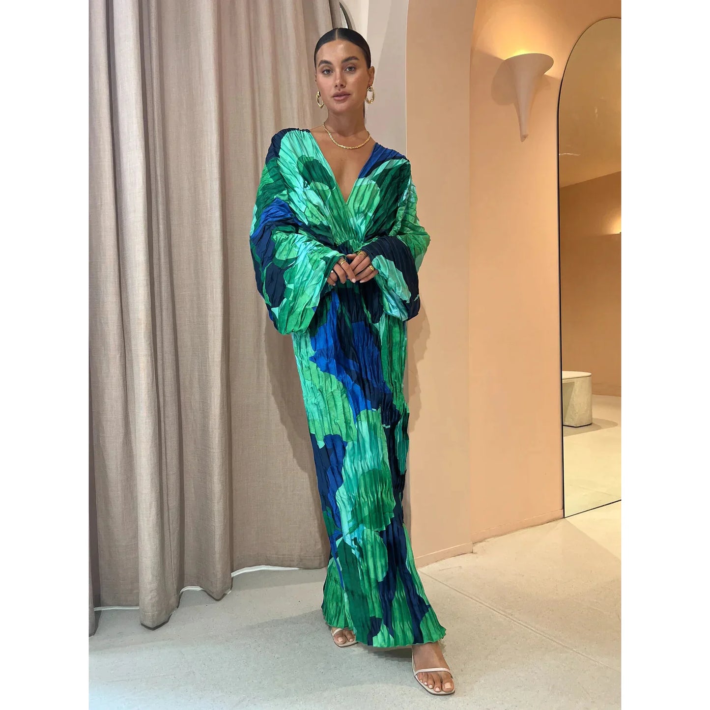 Women's Pleated Maxi Dress - Deep V-Neck - Cinched Waist - High Slit Elegant Fit