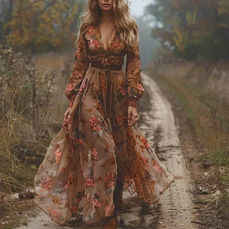 Women’s Maxi Dress – Boho Floral Print – Flowing Fit – Long Sleeve – Tiered Skirt