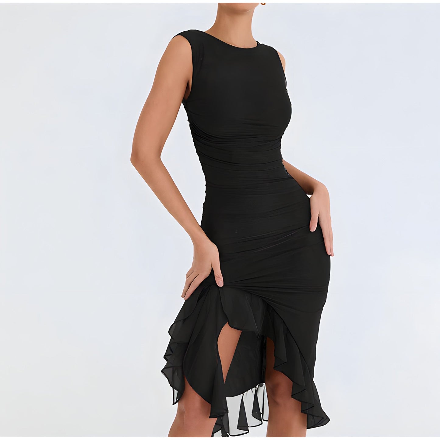 Women's Sleeveless Cocktail Dress - Ruched Bodycon Fit - Asymmetrical Ruffle Hem