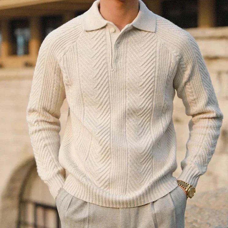 Men’s Knitted Sweater – Slim Fit – Cable Knit – Polo Collar – Long Sleeve Smart Wear
