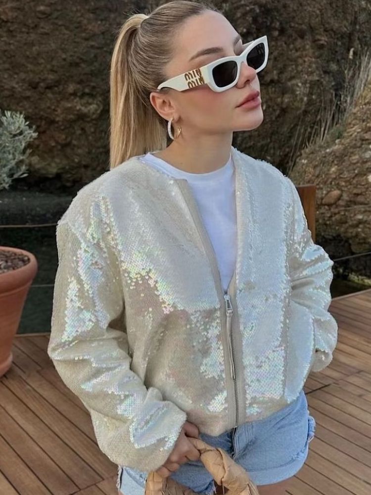 Women’s Bomber Jacket – Relaxed Fit – Sequin Embellished – Ribbed Trim – Zip Closure