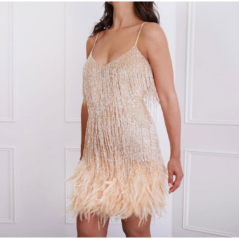 Women's Cocktail Dress - V-Neck Spaghetti Straps - Fringe & Feather Details - Elegant Party Wear