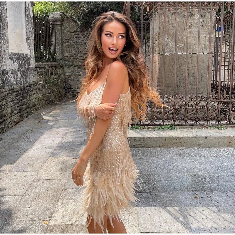 Women's Cocktail Dress - V-Neck Spaghetti Straps - Fringe & Feather Details - Elegant Party Wear