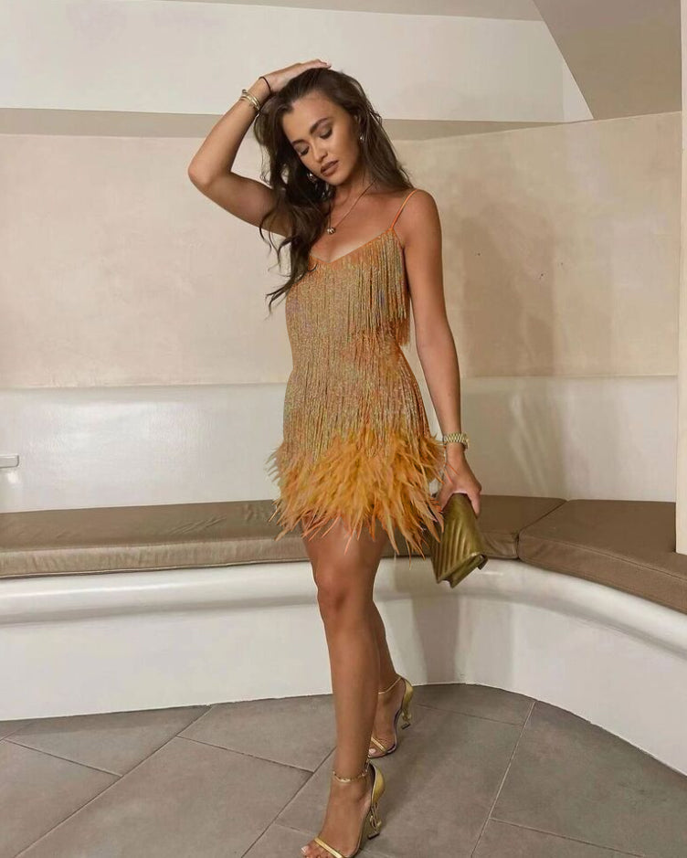 Women's Cocktail Dress - V-Neck Spaghetti Straps - Fringe & Feather Details - Elegant Party Wear