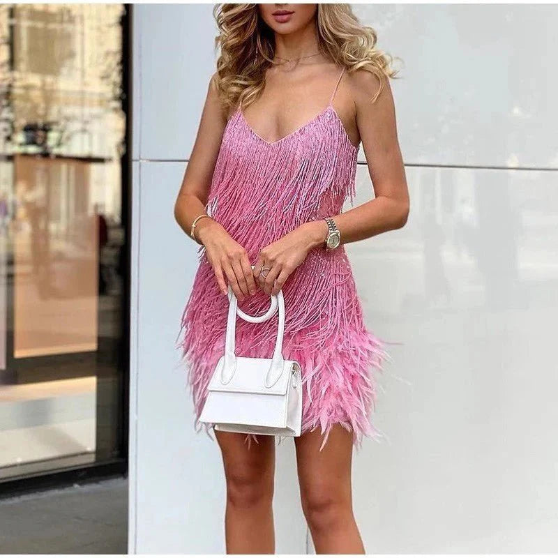 Women's Cocktail Dress - V-Neck Spaghetti Straps - Fringe & Feather Details - Elegant Party Wear