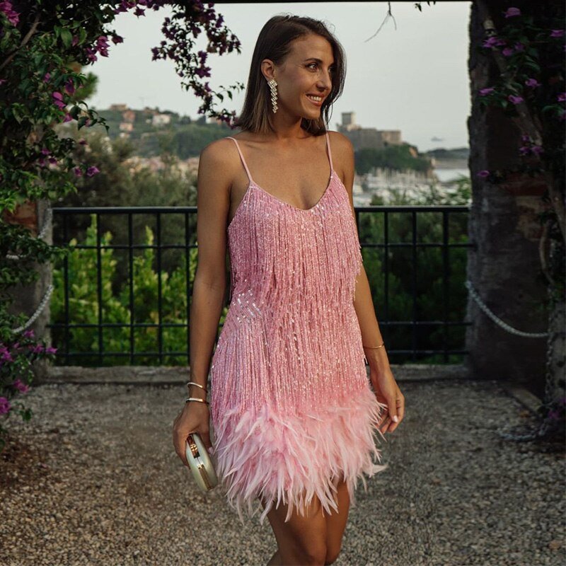Women's Cocktail Dress - V-Neck Spaghetti Straps - Fringe & Feather Details - Elegant Party Wear